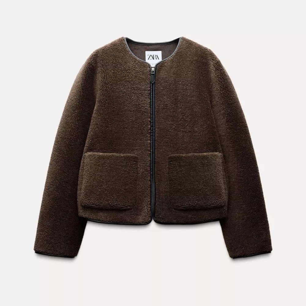 Zara women chocolate Brown shearling Jacket